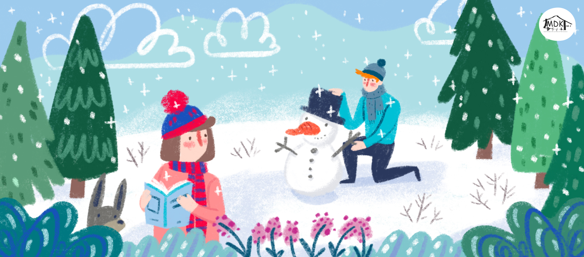 Zdjęcie obrazowe, przedstawia zimowy krajobraz oraz dwie osoby, jedna lepi bałwana, druga czyta książkę